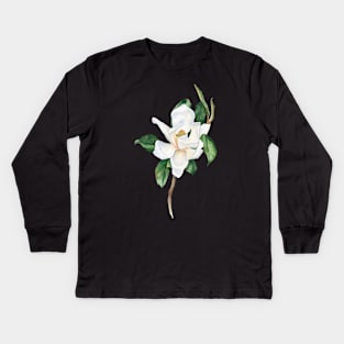 Watercolor white magnolia painting. Kids Long Sleeve T-Shirt